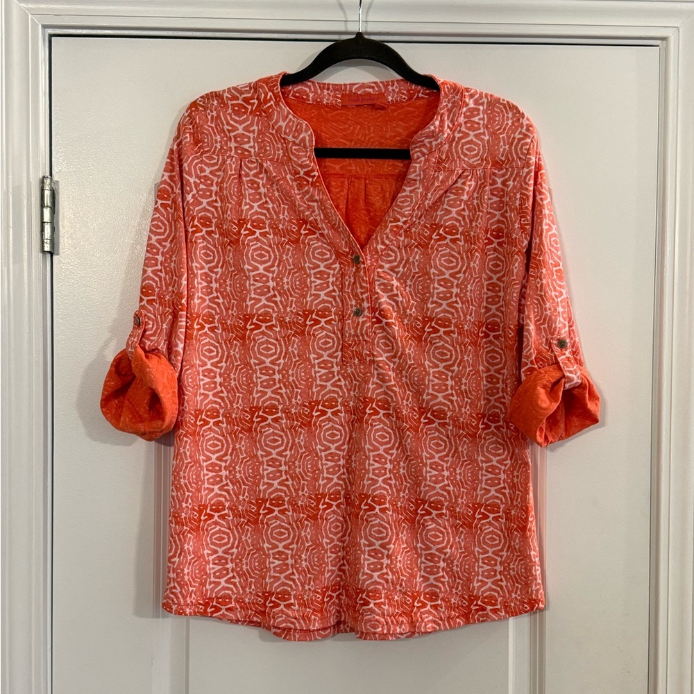 Fresh Produce Button V-Neck 3/4 Sleeve USA Orange Peach Womens XLarge Bohemian